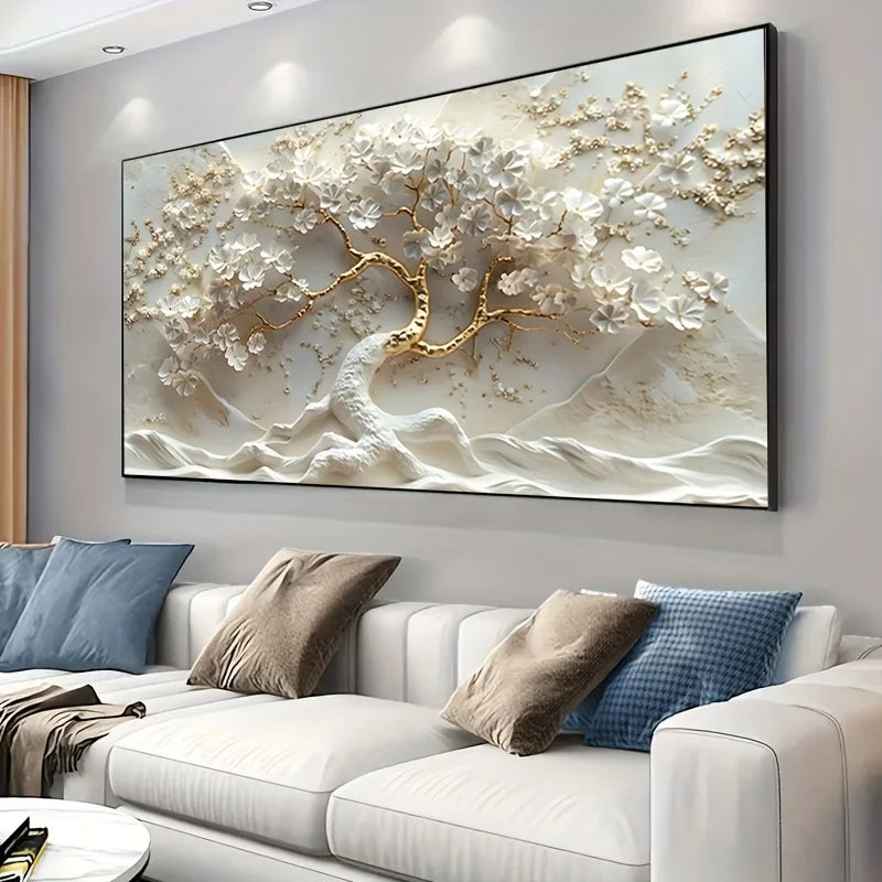unframed abstract flowering tree canvas in gold and white
