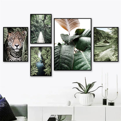 leopard in tropical jungle with palm and monstera leaves on canvas