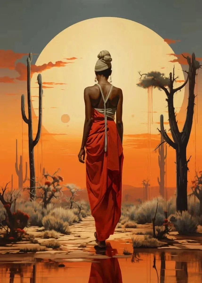 elegant portraits of african women with sun motifs on canvas