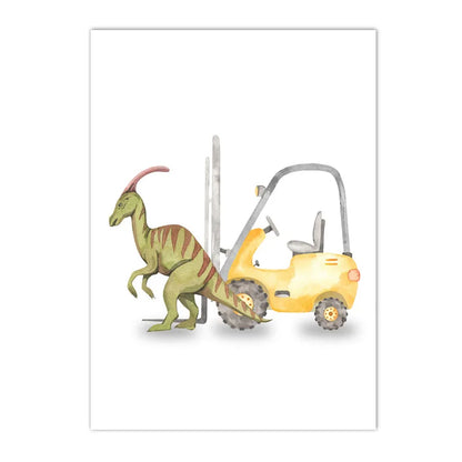 Cartoon dinosaur with trucks, tractor and excavator kids’ canvas
