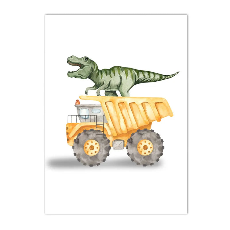 Cartoon dinosaur with trucks, tractor and excavator kids’ canvas