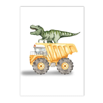 Cartoon dinosaur with trucks, tractor and excavator kids’ canvas