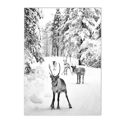 black and white winter ski scene with dog deer and snowy forest on canvas