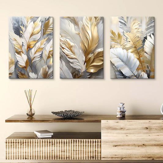 Light Gold & White Leaf Framed Canvas Print - Set Of 3