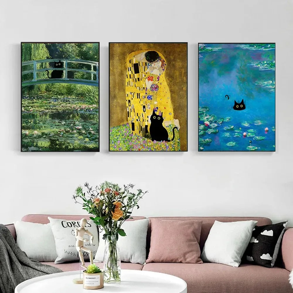 black cat with impressionist water lilies canvas wall art