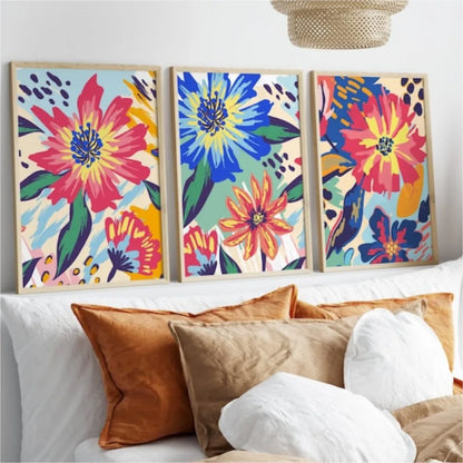 Three-piece colorful boho floral abstract canvas wall art