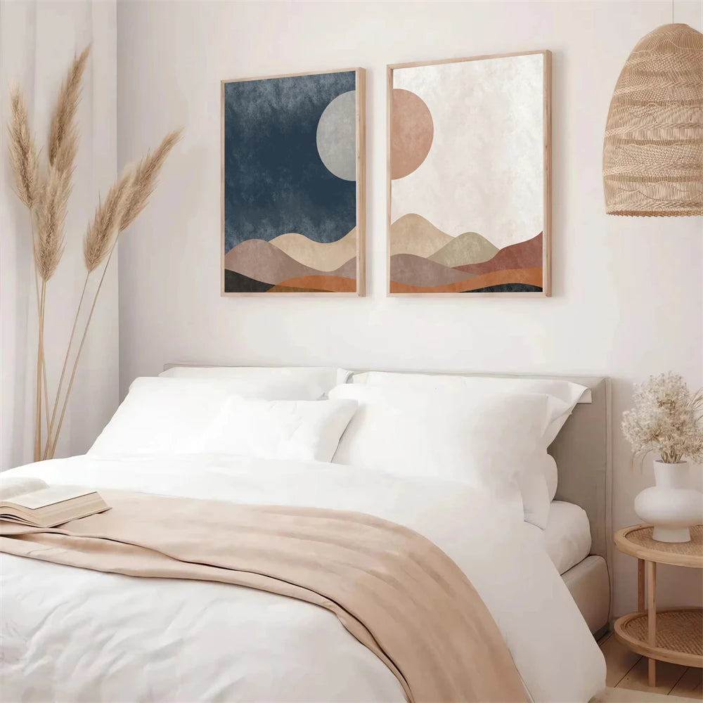 boho mid century abstract sun moon mountain canvas