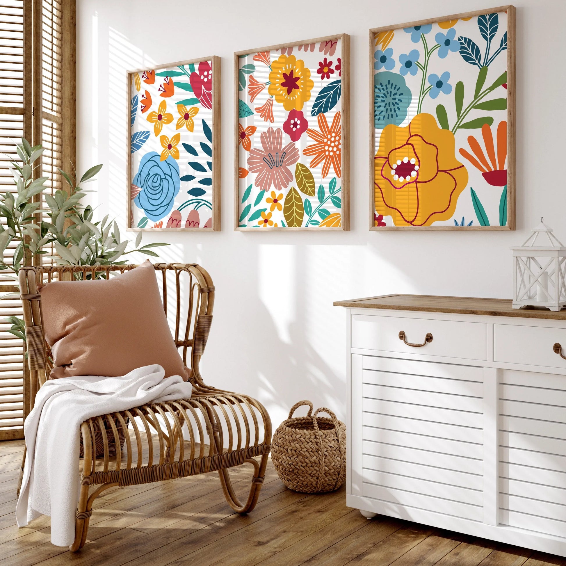 Three-piece colorful boho floral abstract canvas wall art