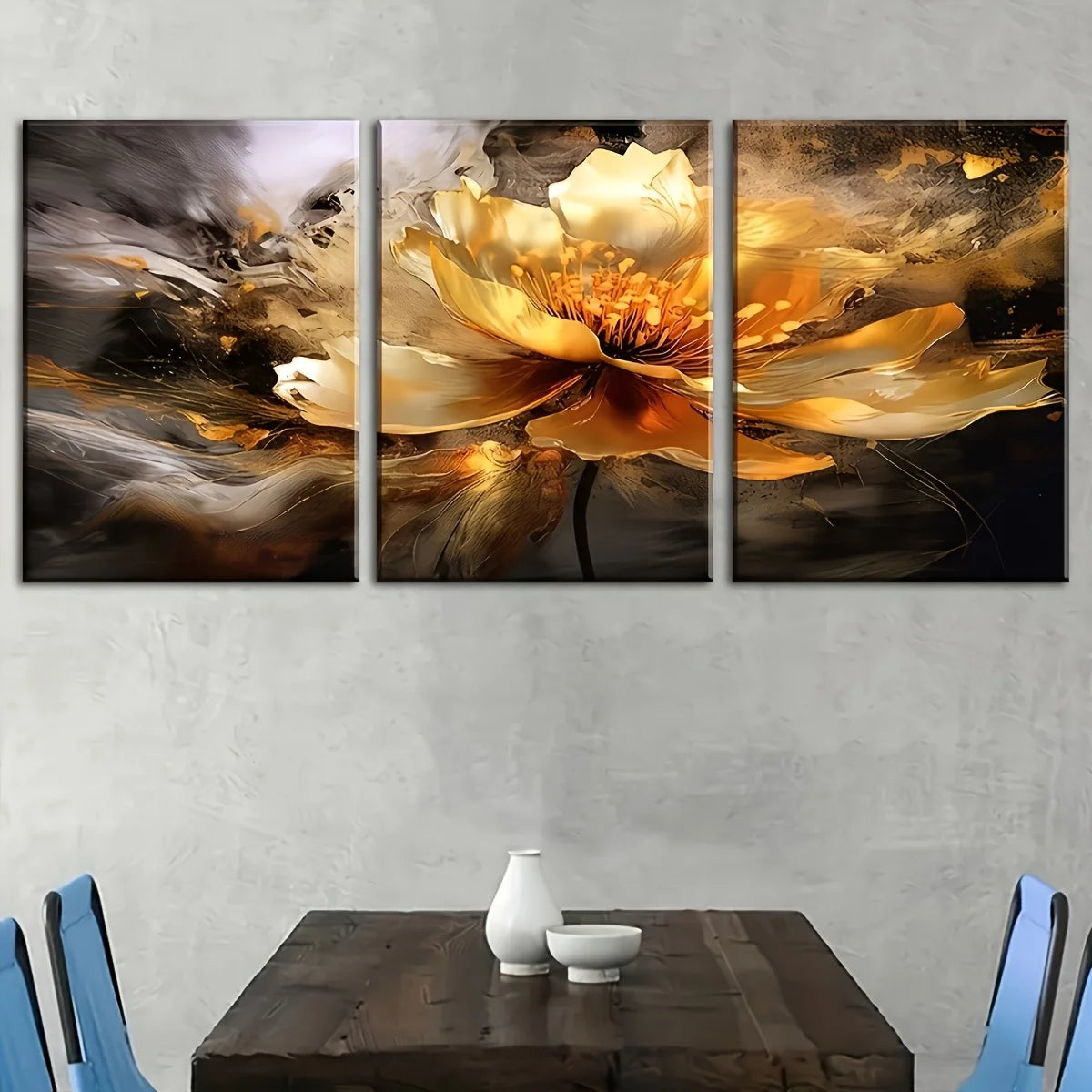 Three-piece abstract golden floral canvas wall art set