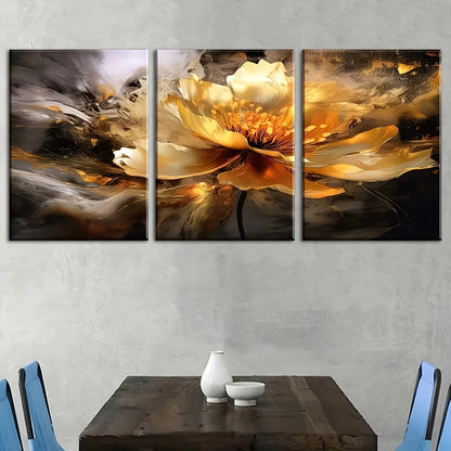 Three-piece abstract golden floral canvas wall art set