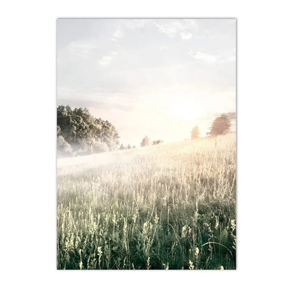 spring lake sunrise with reed grass and tree Nordic canvas wall art