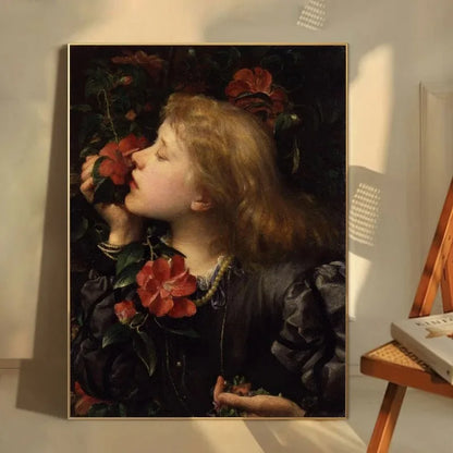 French vintage maiden with flowers portrait canvas wall art