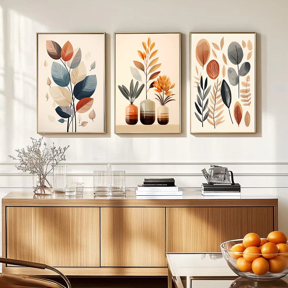 three piece retro leaf and watercolor vase abstract canvas set