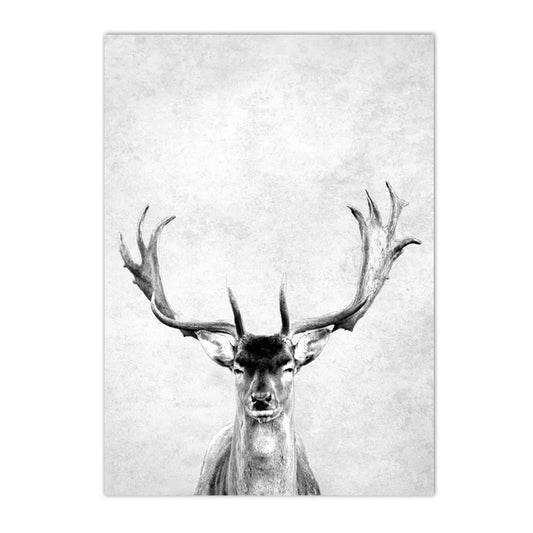 black and white foggy forest canvas with tree branch and deer