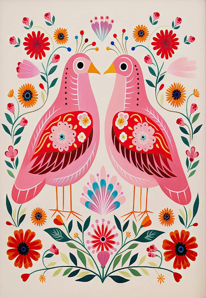 Three-piece folk-art hearts and birds Valentine canvas