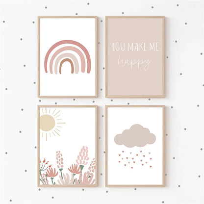 Nordic kids canvas with rainbow, sun, clouds and pink flowers