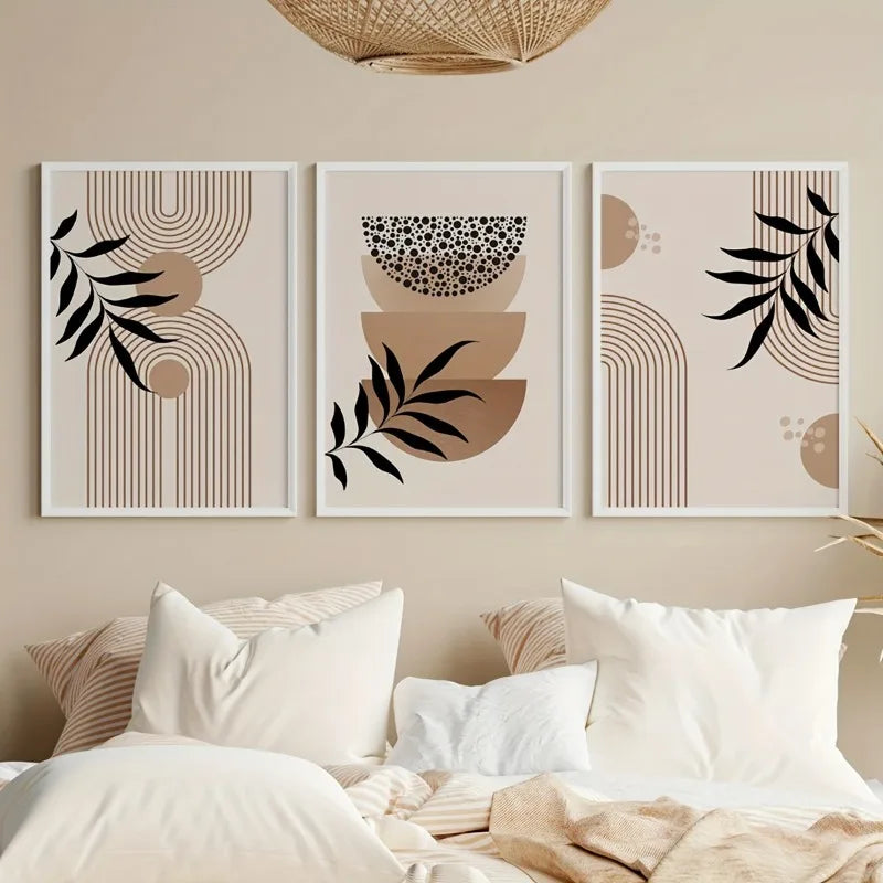 three piece boho geometric and leaf unframed canvas set