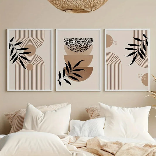 three piece boho geometric and leaf unframed canvas set
