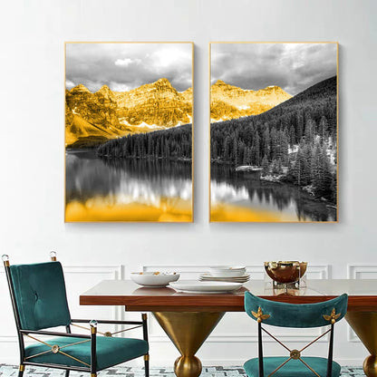 Three-piece golden snow mountain and lake landscape canvas set