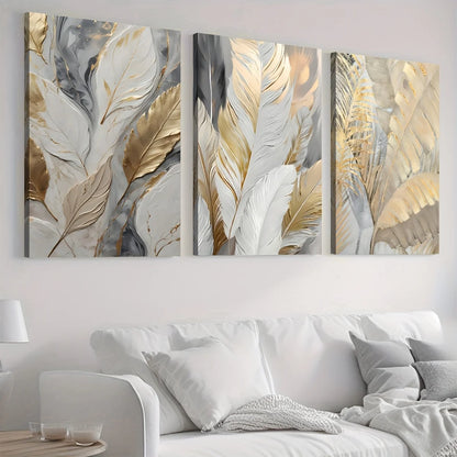 Golden Plant Leaves Canvas - Set Of 3