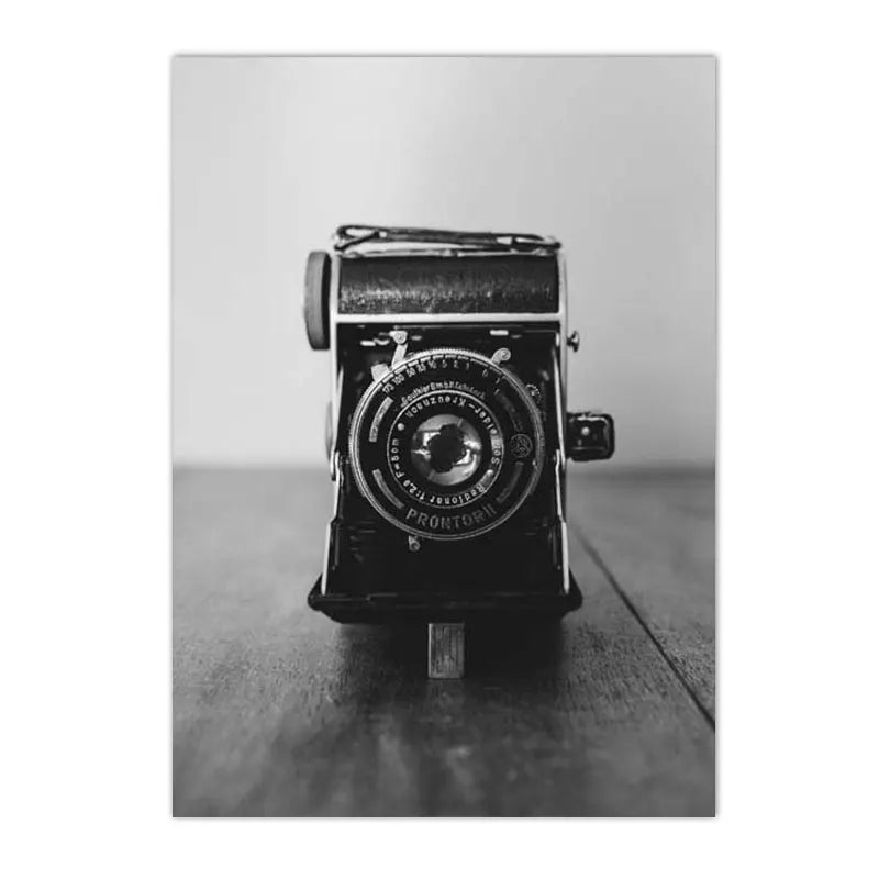 black and white vintage canvas with record camera and typewriter