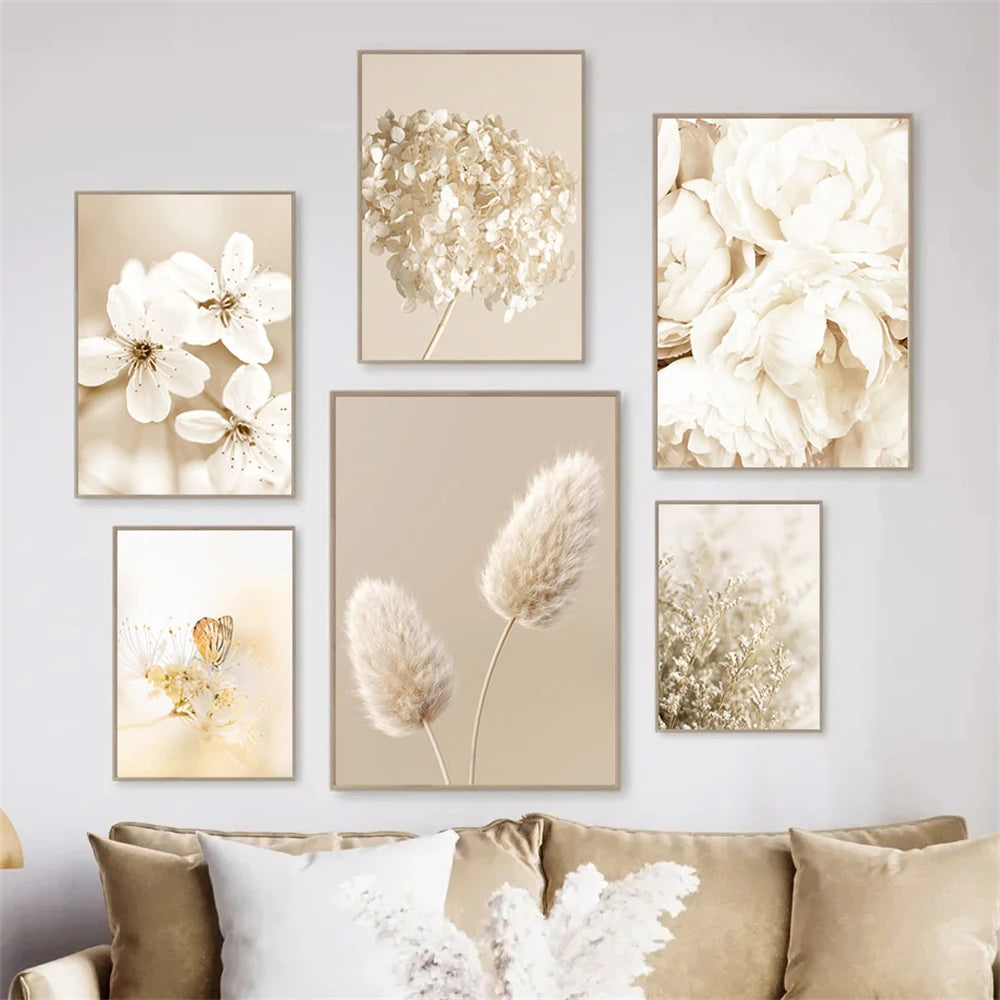 beige floral canvas with roses peonies and pampas grass