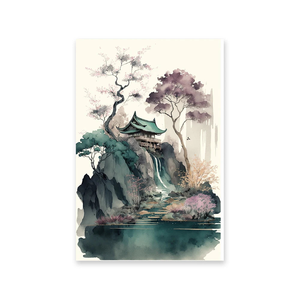 japanese style watercolor landscape aesthetic canvas wall art