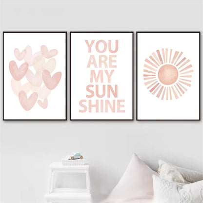 pink “you are my sunshine” with hearts and sun kids canvas wall art