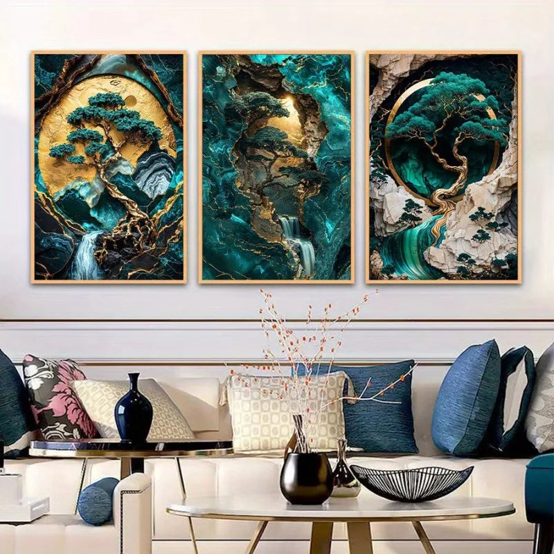 jade green marble effect with gold lines three piece canvas set