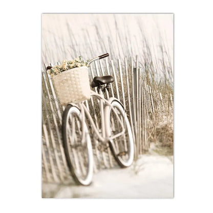 beige coastal collage with starfish shells boat bike and horse