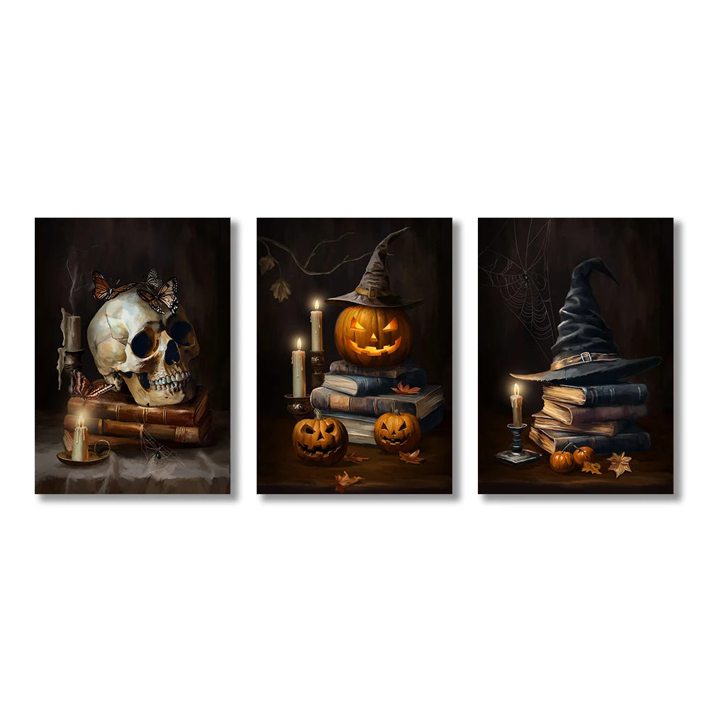 Vintage Halloween canvas with castle, skull, witch, and pumpkin head