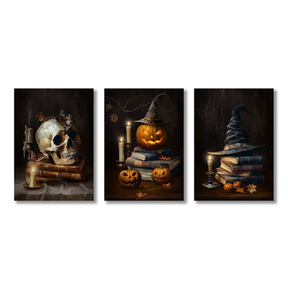 Vintage Halloween canvas with castle, skull, witch, and pumpkin head