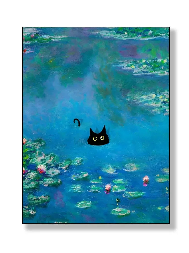 black cat with impressionist water lilies canvas wall art