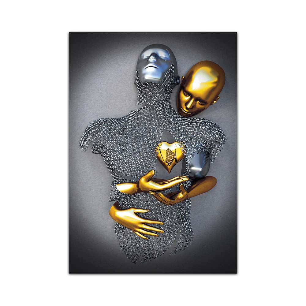 golden lovers metal statue abstract romantic canvas wall art