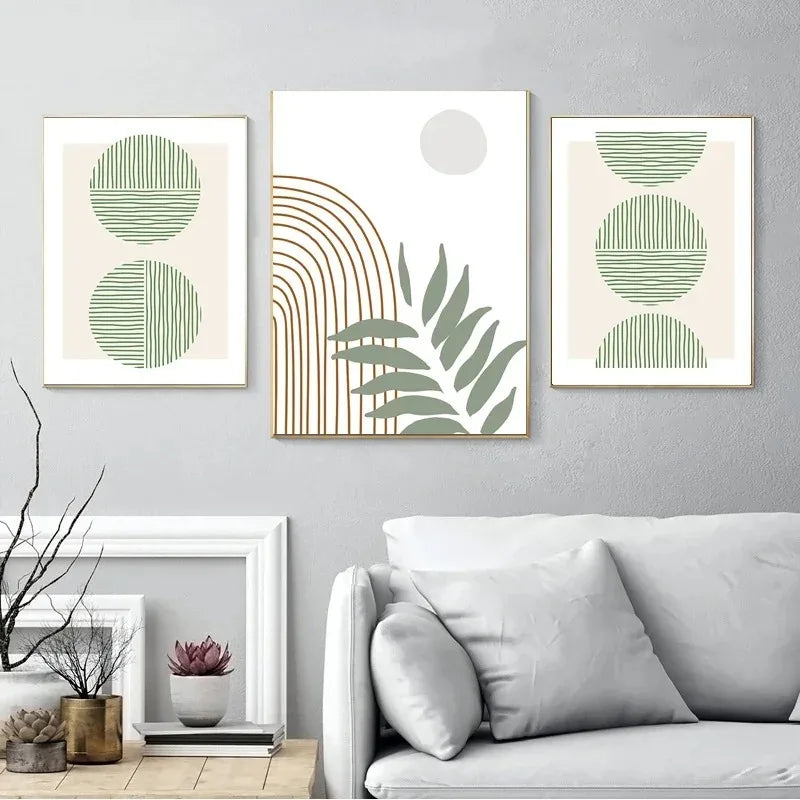 Abstract Bohemian Green Line Leaves Canvas