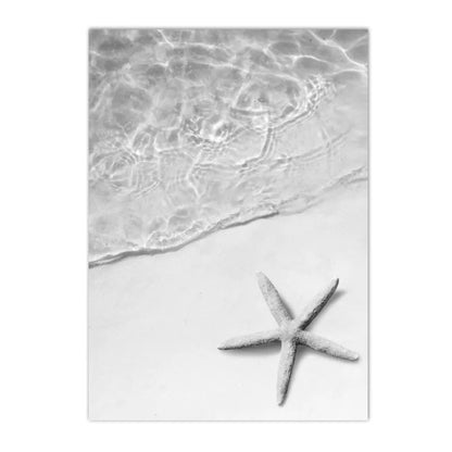 black and white sea waves with coconut tree shells starfish coastal canvas