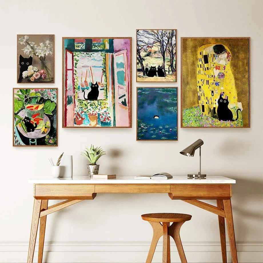 black cat with impressionist water lilies canvas wall art