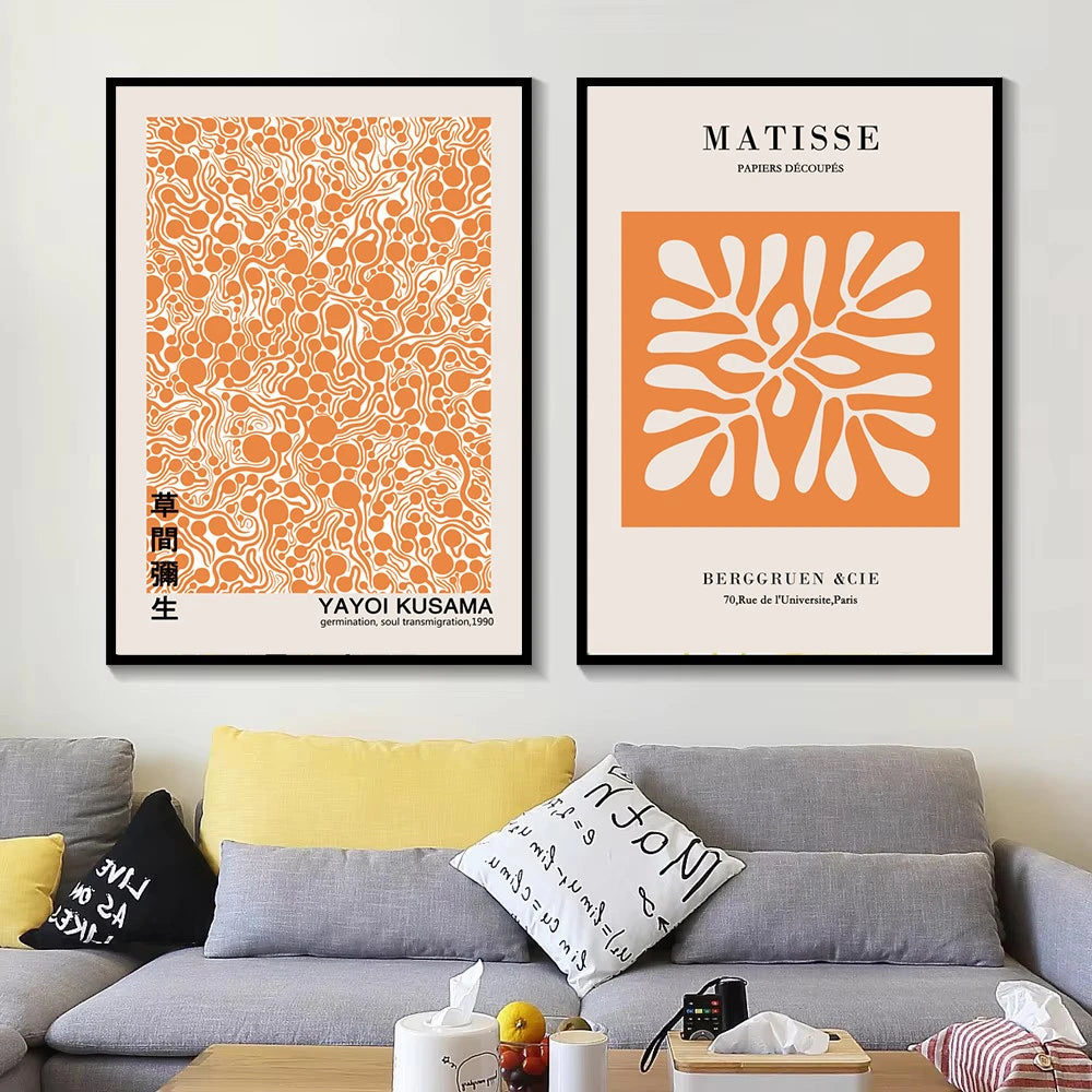 orange abstract canvas with Matisse cutouts and Kusama dots