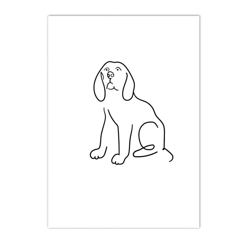 minimalist black and white cat and dog line art canvas wall art