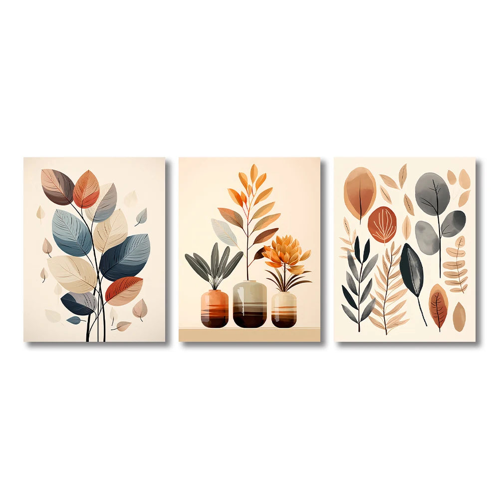three piece retro leaf and watercolor vase abstract canvas set