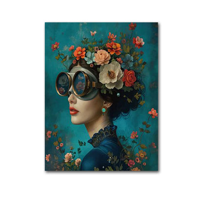 boho portrait woman with glasses flowers and butterfly canvas