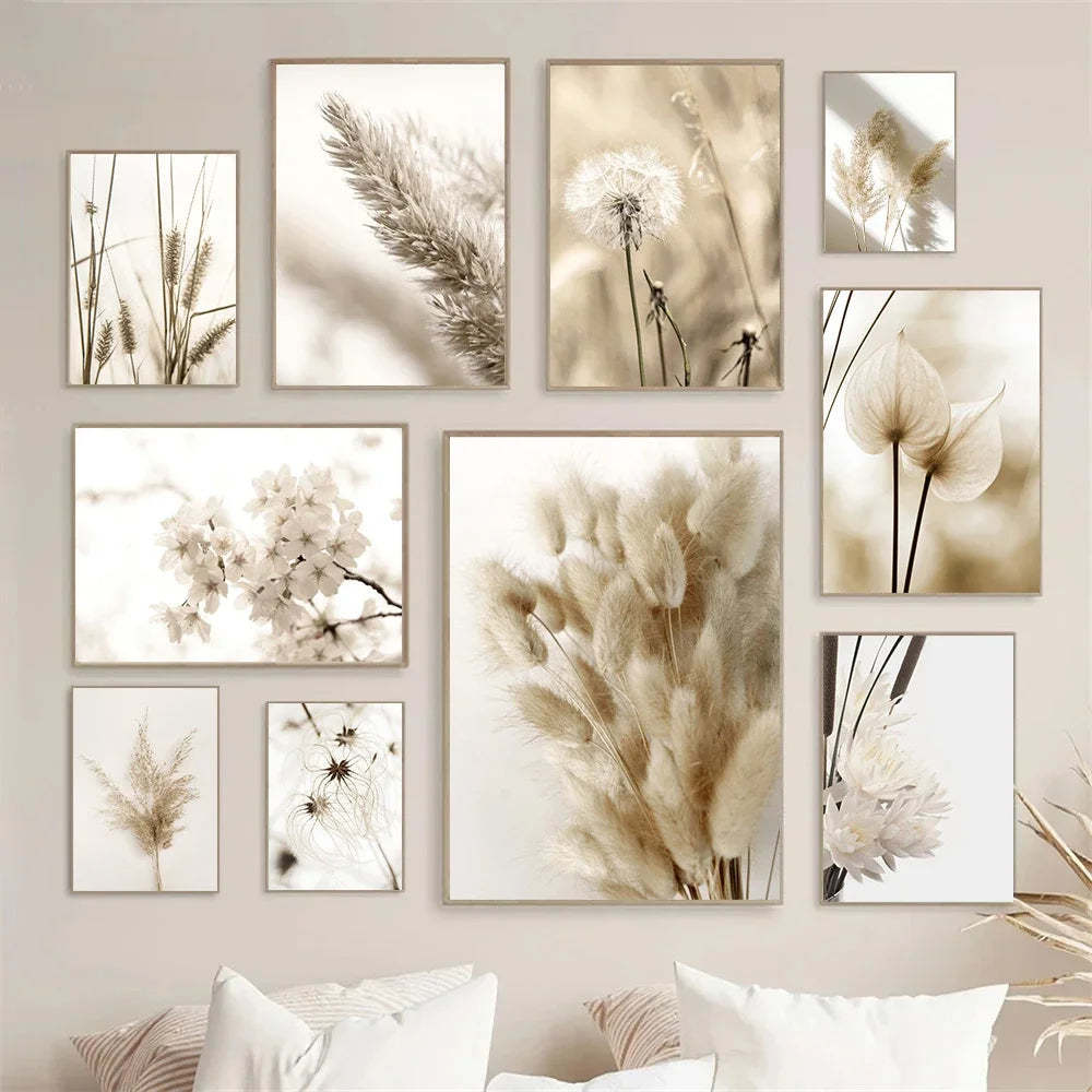 minimalist beige canvas with reed grass and flowers nordic style