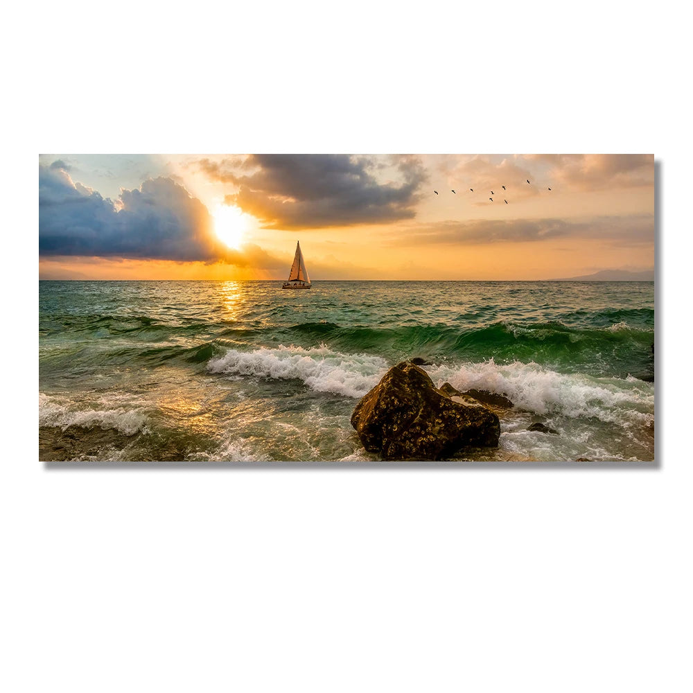 minimalist nordic landscape of mountain lake at sunset on canvas