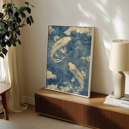 Japanese Blue Wave Koi Fish Canvas Print