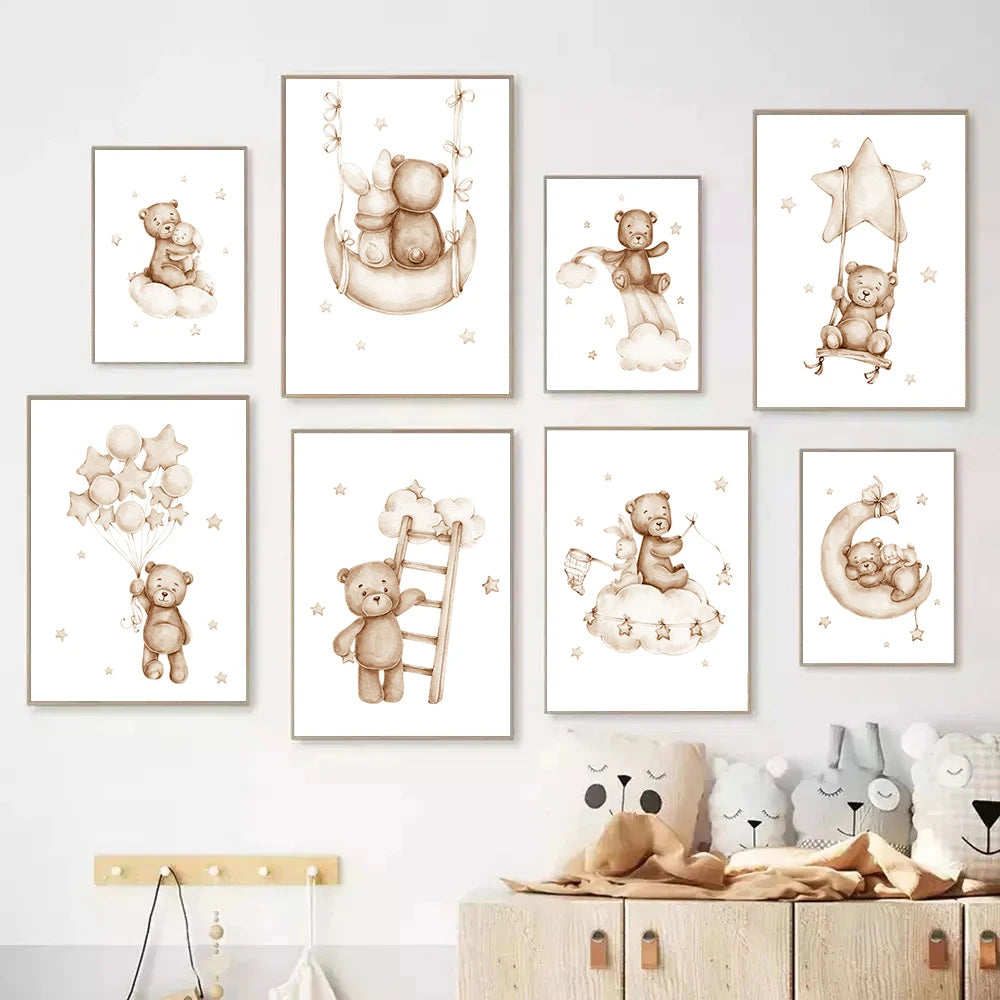 Nordic kids canvas with moon, stars, rabbit and bear