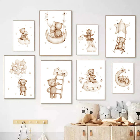 Nordic kids canvas with moon, stars, rabbit and bear