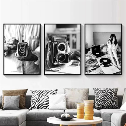 black and white vintage canvas with record camera and typewriter