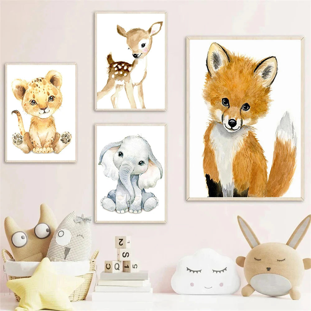 nordic baby animals lion elephant fox deer on nursery canvas