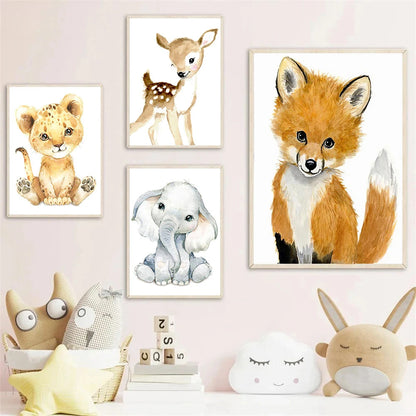 nordic baby animals lion elephant fox deer on nursery canvas
