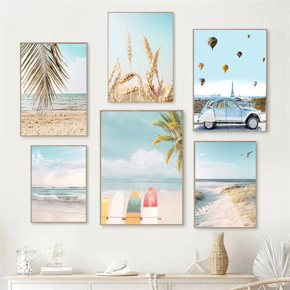 swan with surfboard under coconut tree tropical beach canvas wall art